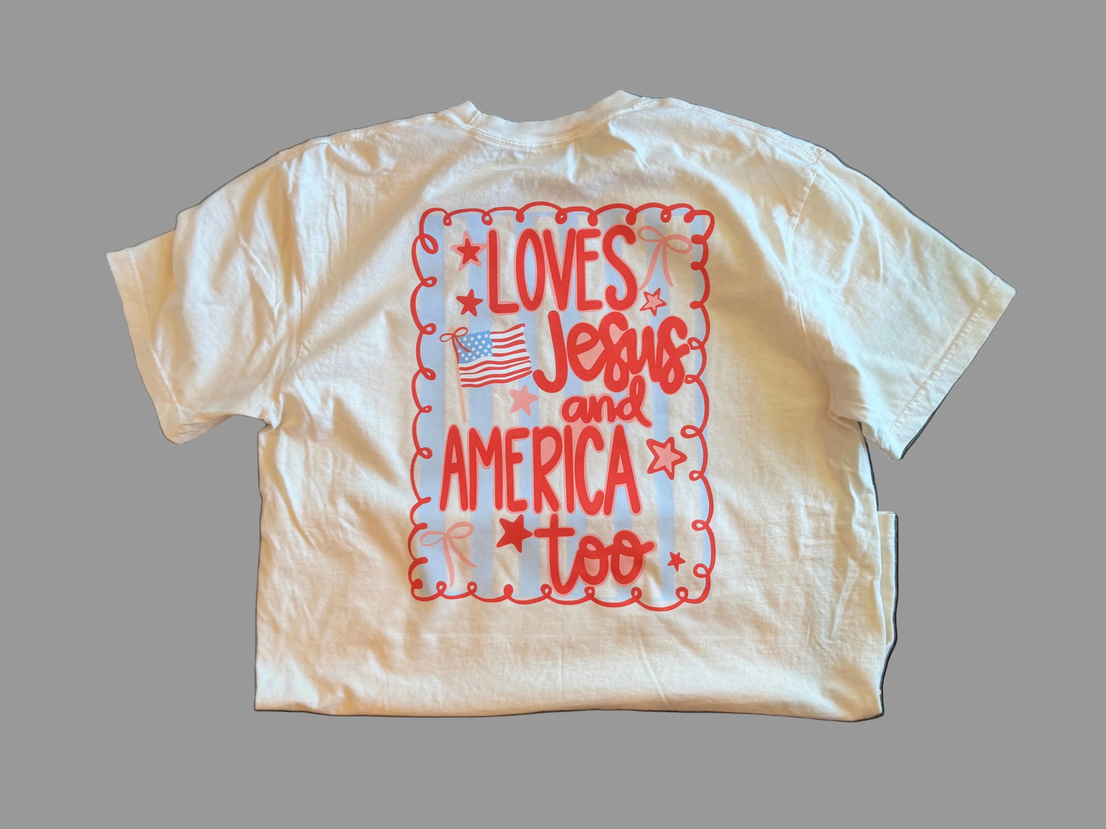 Loves Jesus & America too, pocket tee shirt